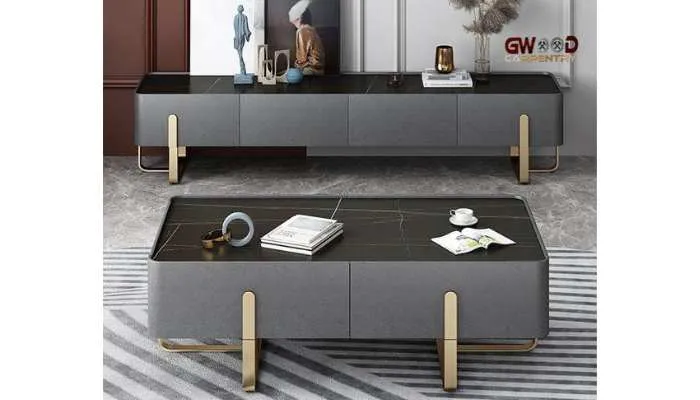 Combo TV stand and coffee table gold and gray