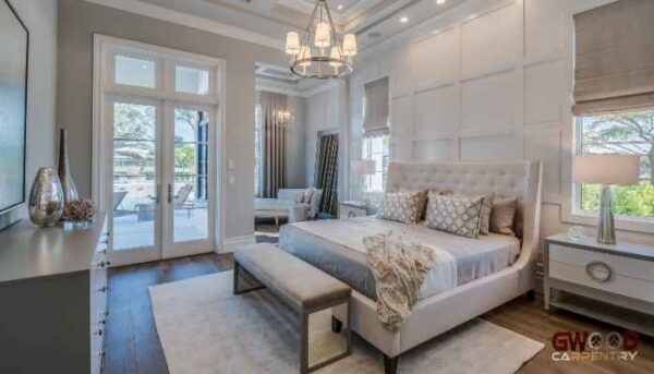 Modern Bedroom design. silk gray & white
