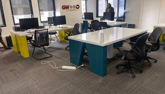 Modern office desk grey hello