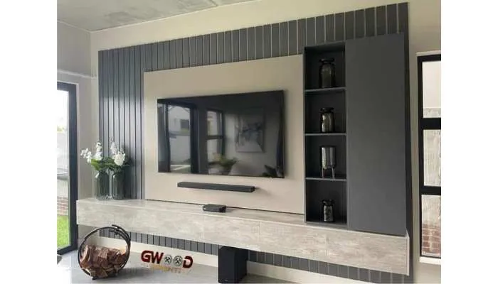 Modern wall unit gray and coastal boards