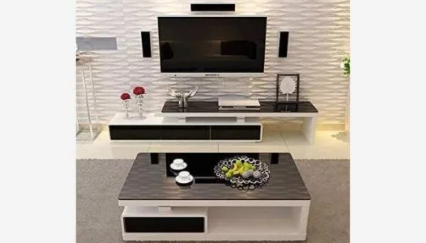 Combo Coffee Table & TV Stand with a sleek black top glass.