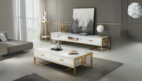 Coffee Table and TV Stand Combo with elegant white surfaces and gold legs